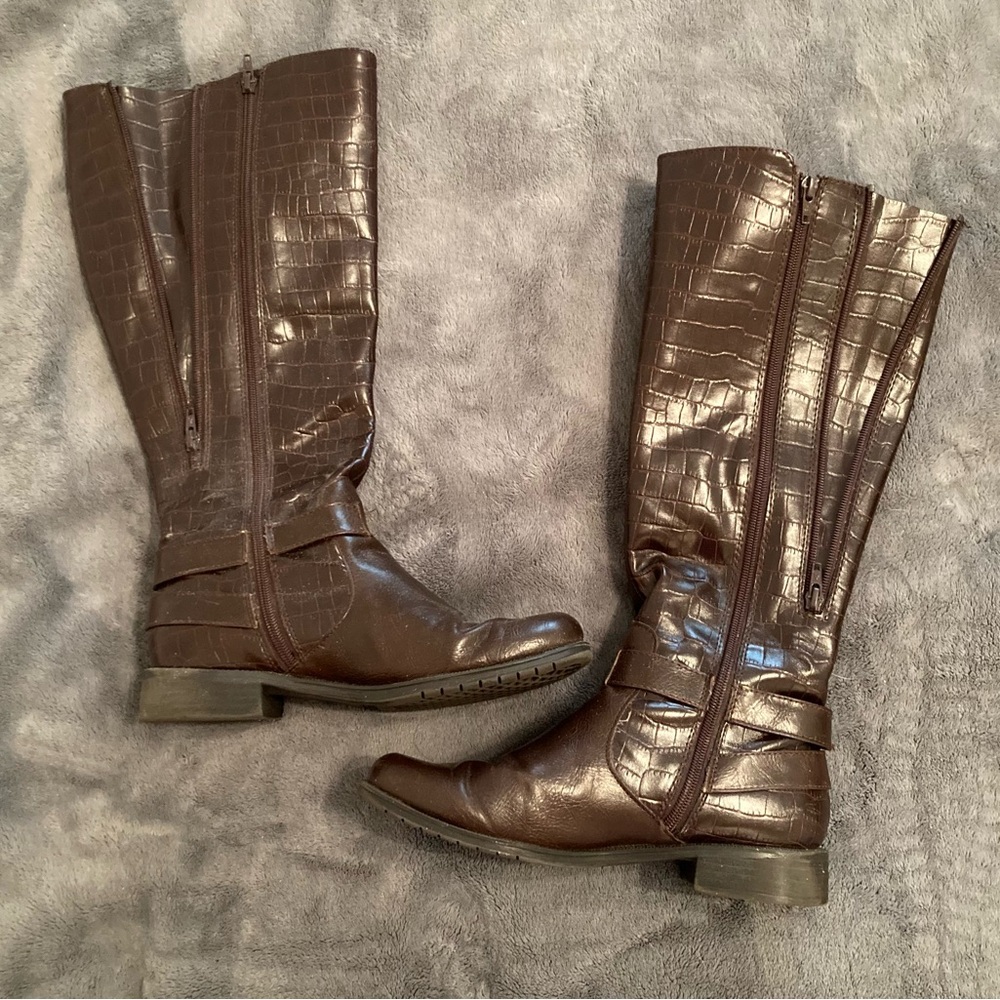 EUC Brown Wide Calf Croc-Embossed Knee-High Boots